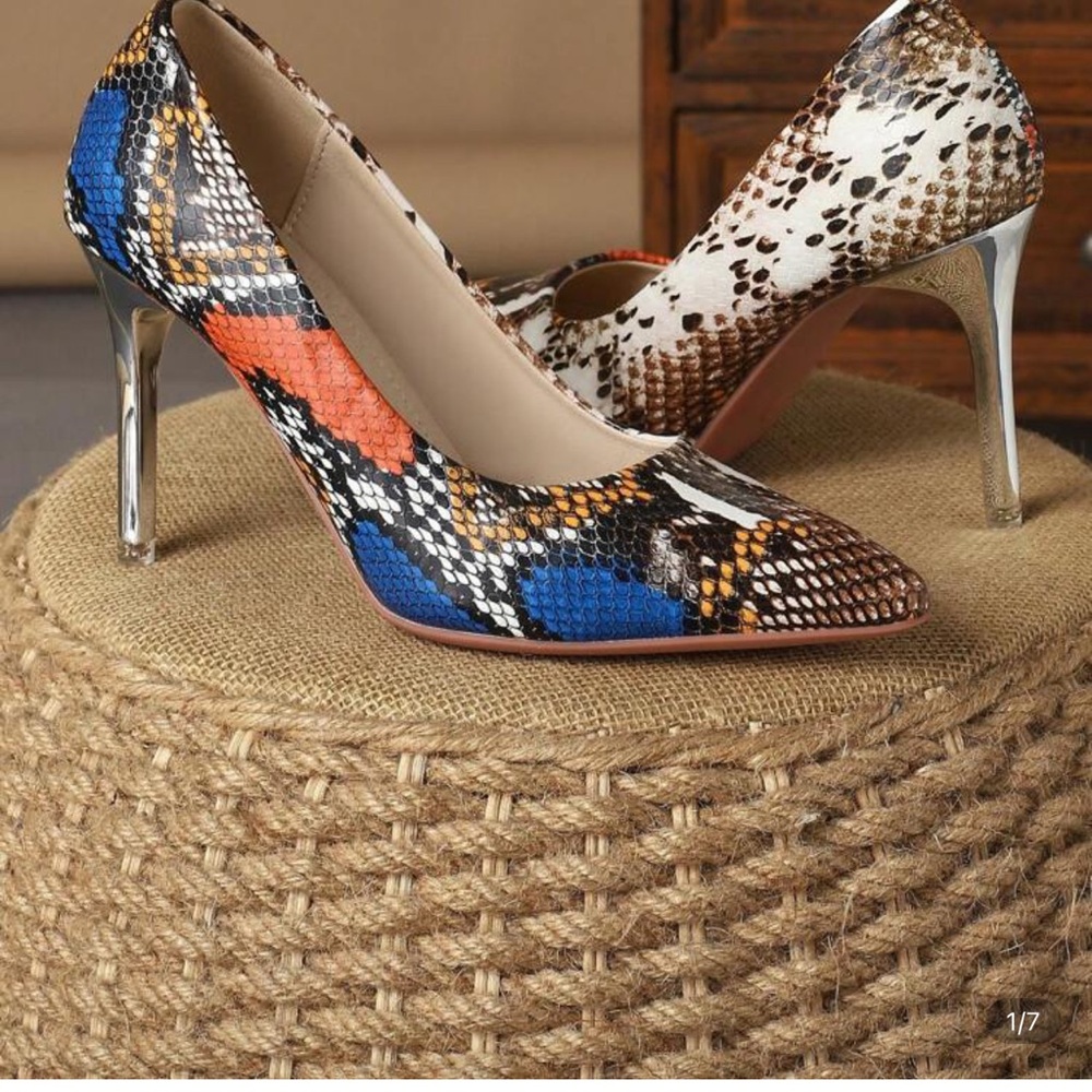 Vibrant Blue and Orange Snakeskin Heels